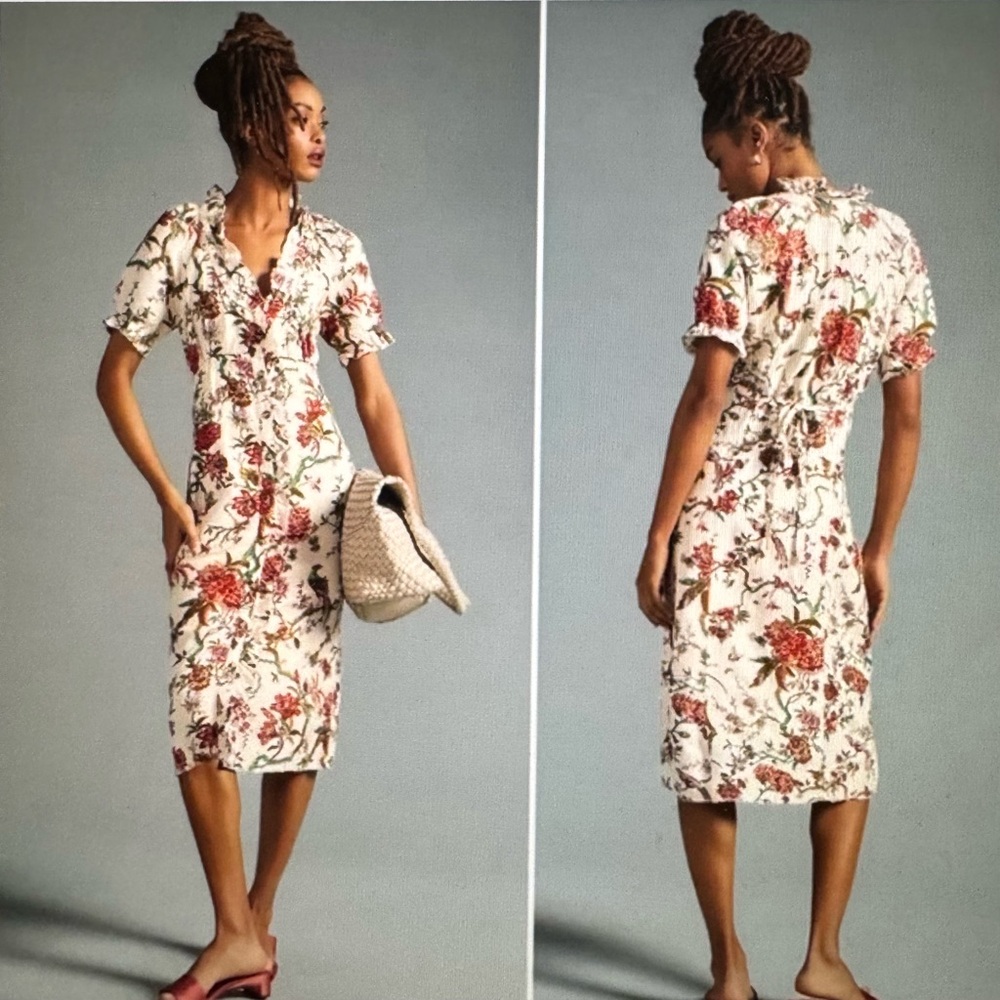 Pilcro Cream Midi Dress with Red Floral Print